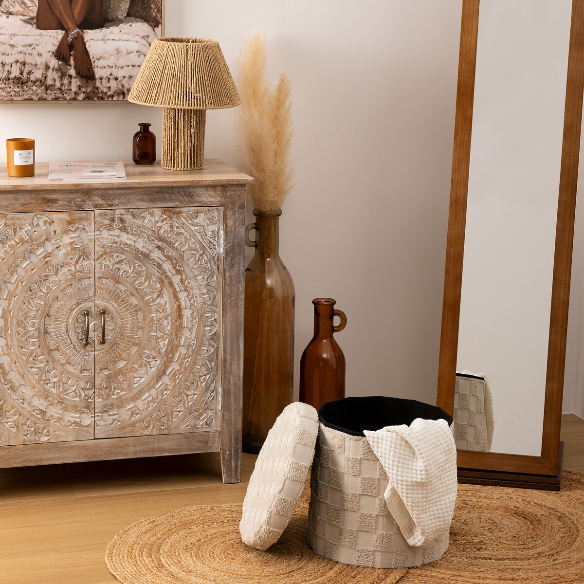 Pufe PASTI com arruma&ccedil;&atilde;o branco em tecido D38cm