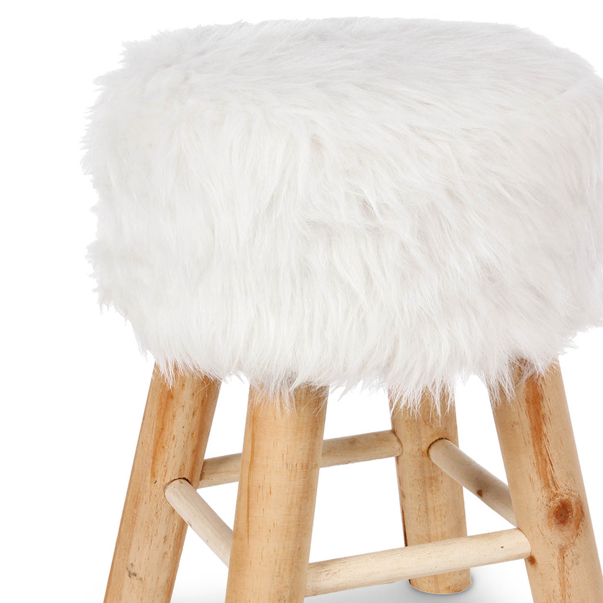 Tamborete com pelo branco e pernas em madeira,  Tamborete com pelo branco e pernas em madeira