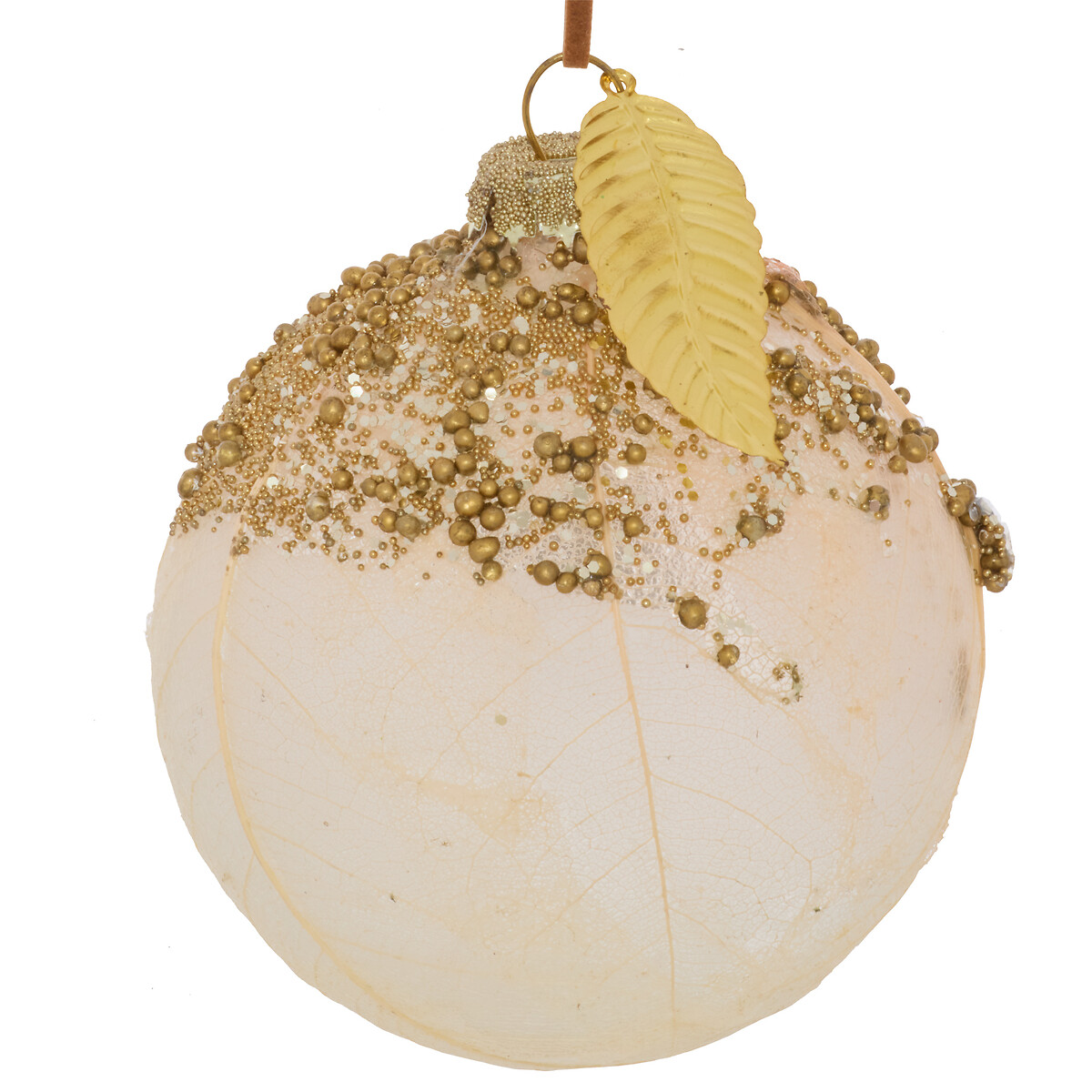 Bola de natal com perolas e folha 8cm