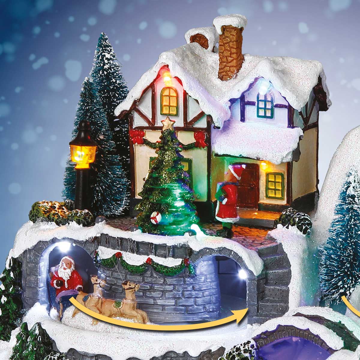 Aldeia luminosa com casa e pai natal