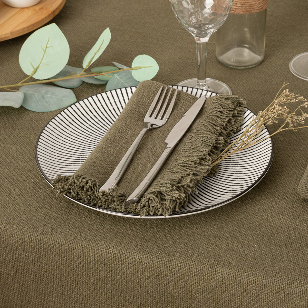 Conjunto de 2 guardanapos MAHA verde caqui em algodão