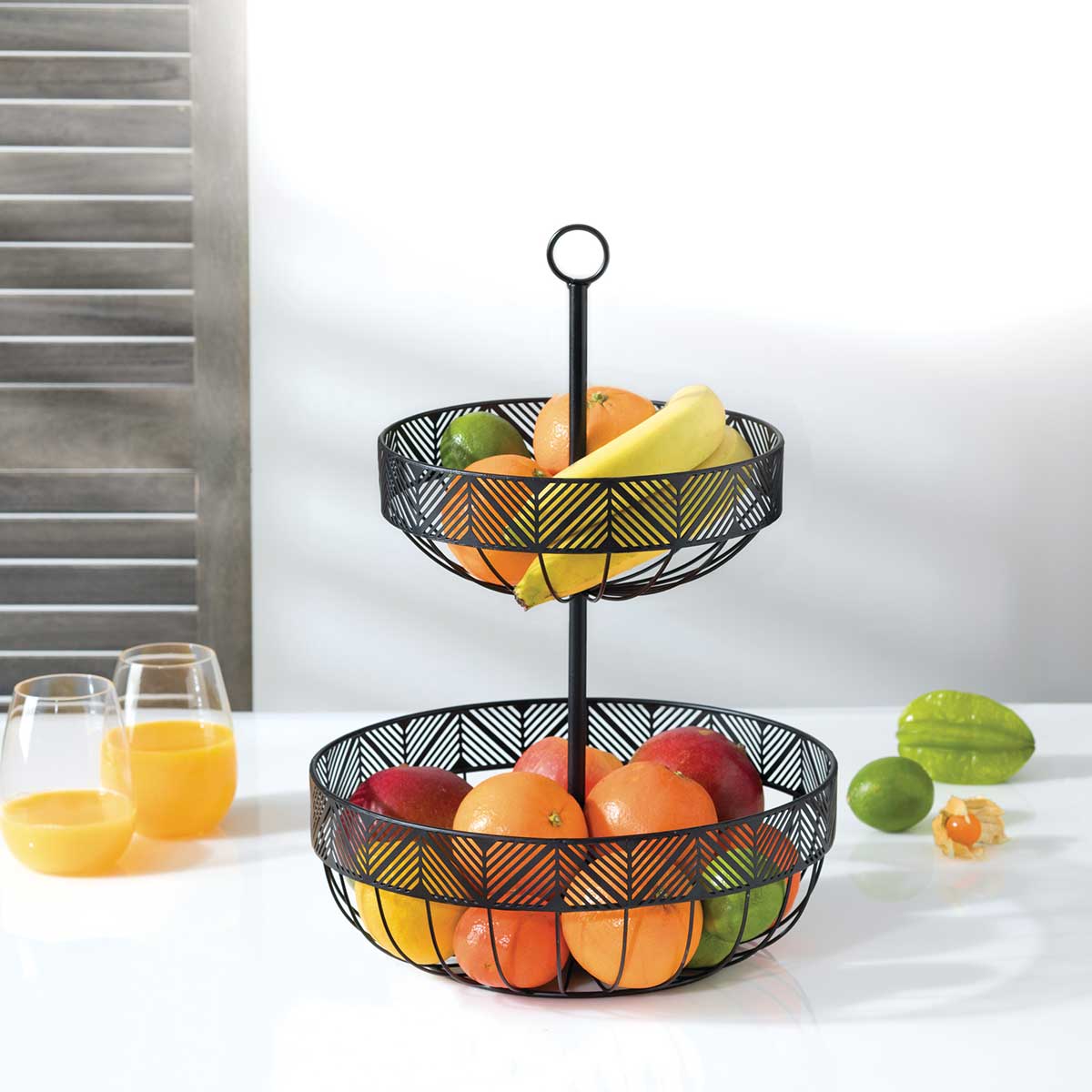 Fruteira em metal preta 2 níveis