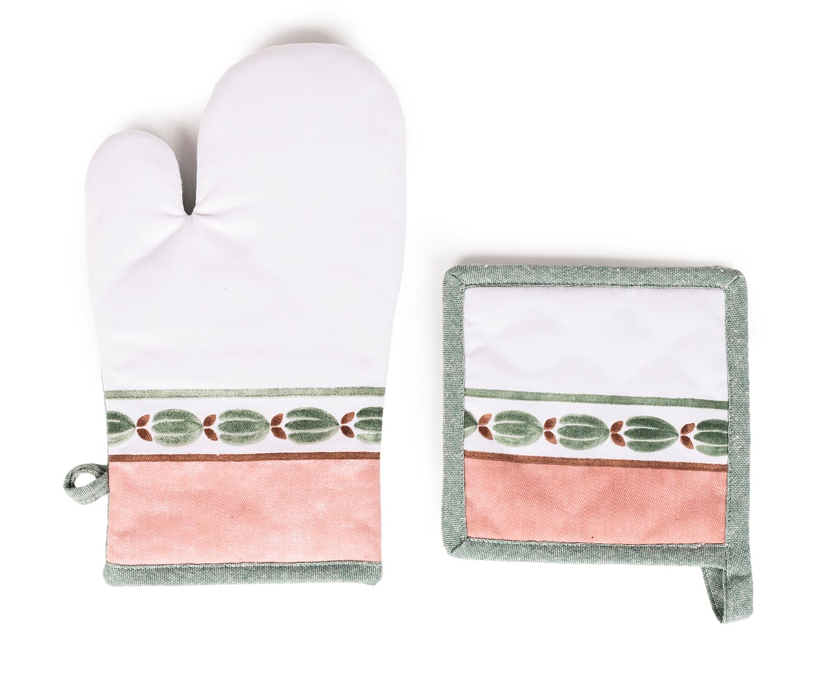 Conjunto de luvas e pega de cozinha verde