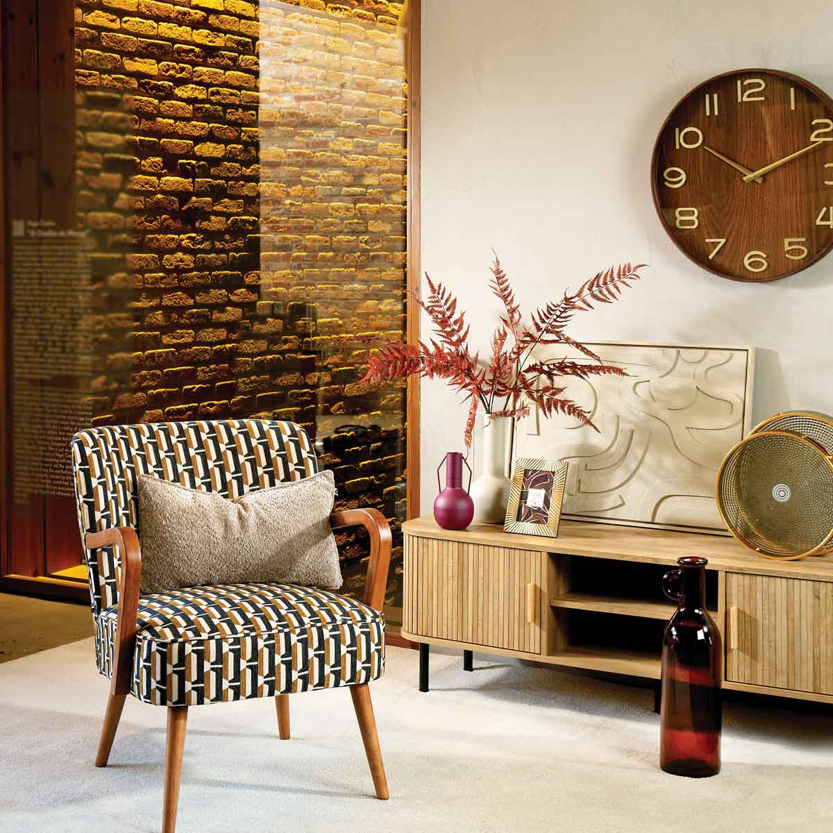 Rel&oacute;gio de parede IVANA castanho em mdf e vidro 55cm