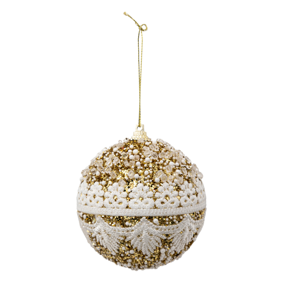 Pendurante bola dourada com p&eacute;rolas e renda 8cm