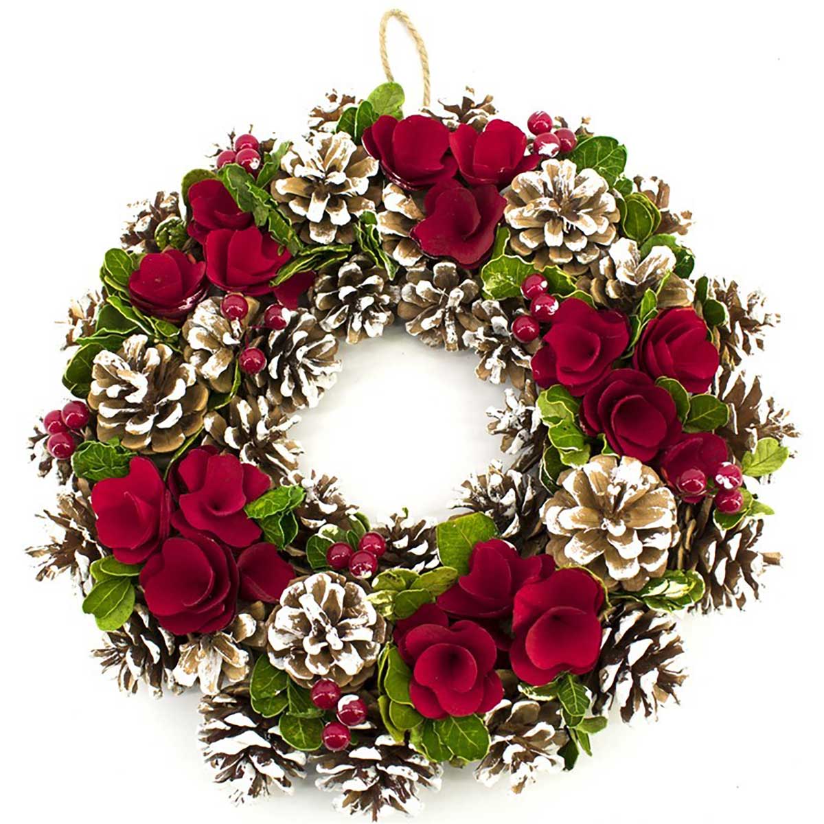 Coroa decorativa com rosa e pinhas efeito neve 37cm,  Coroa decorativa com rosa e pinhas efeito neve 37cm