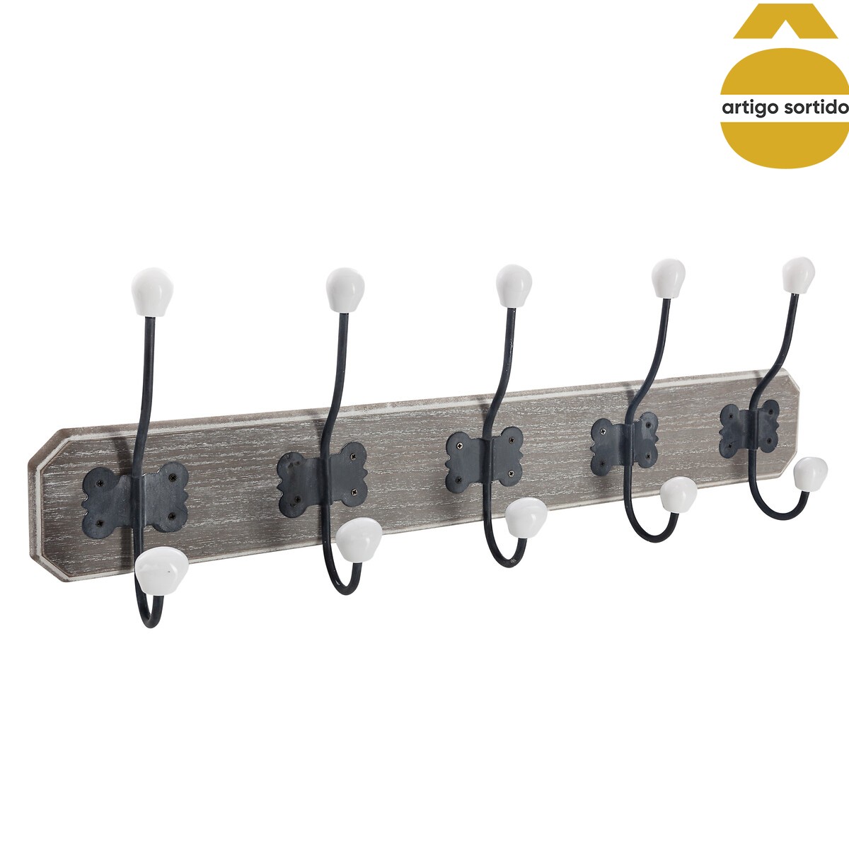 Cabide de madeira com 5 ganchos em cerâmica