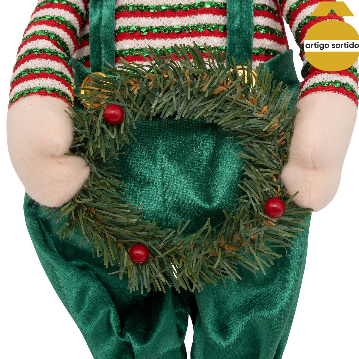 Figura elfo extensível com coroa/presente 95cm,  Figura elfo extensível com coroa/presente 95cm