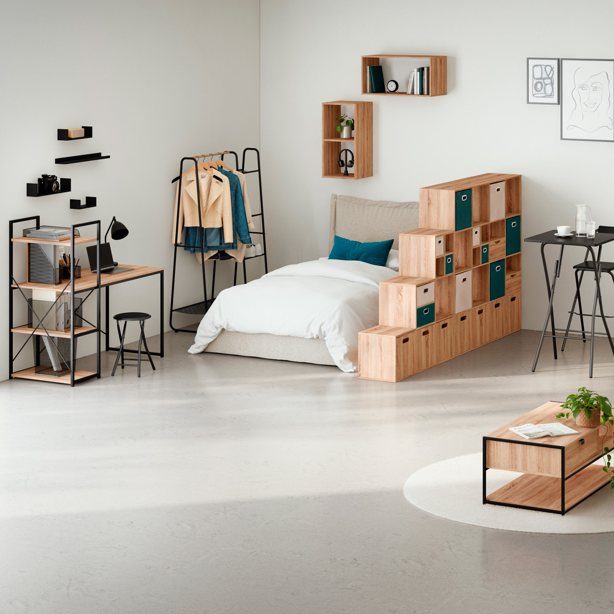 Cesto de arruma&ccedil;&atilde;o em bambu e metal preto