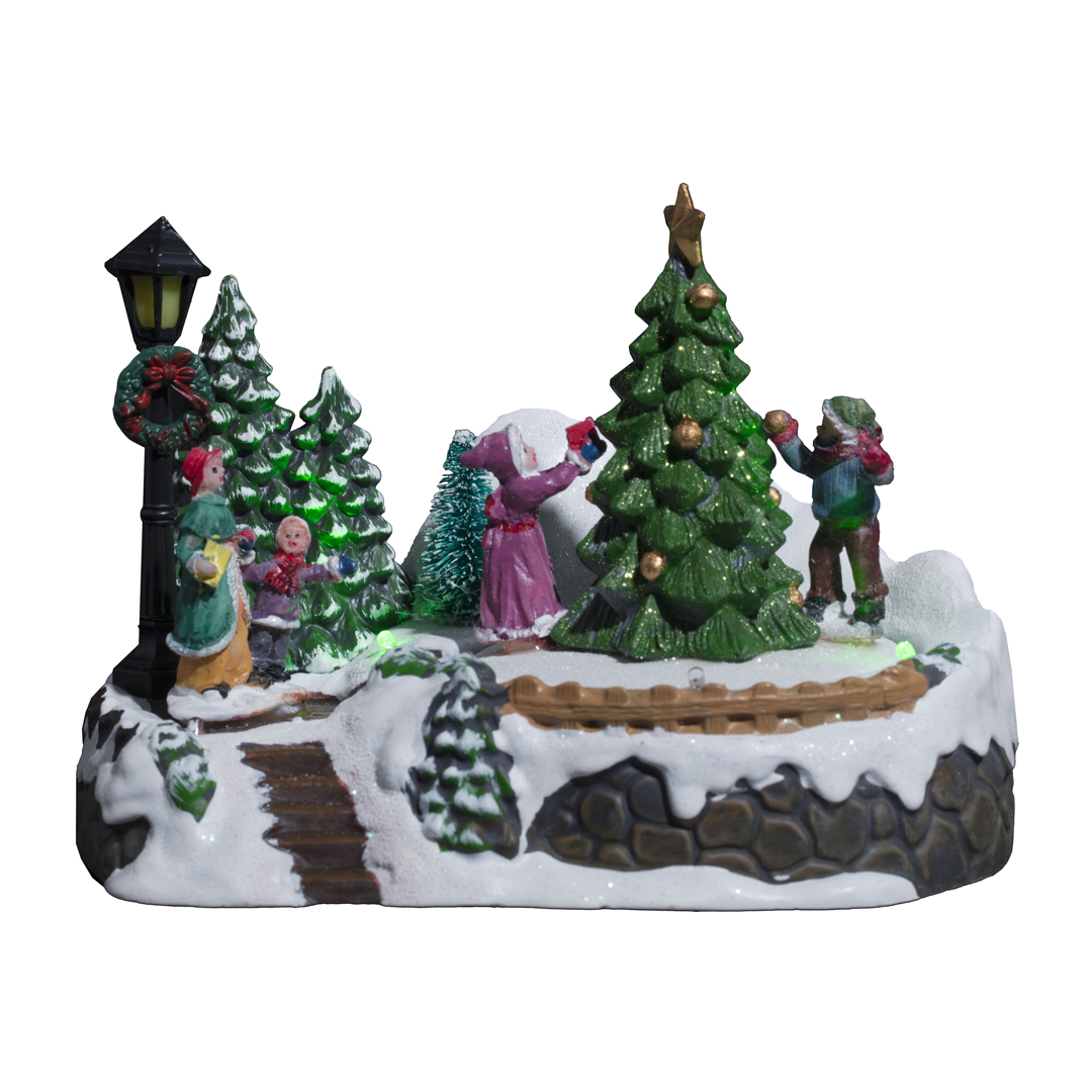 Aldeia natalícia luminosa com cena hóquei