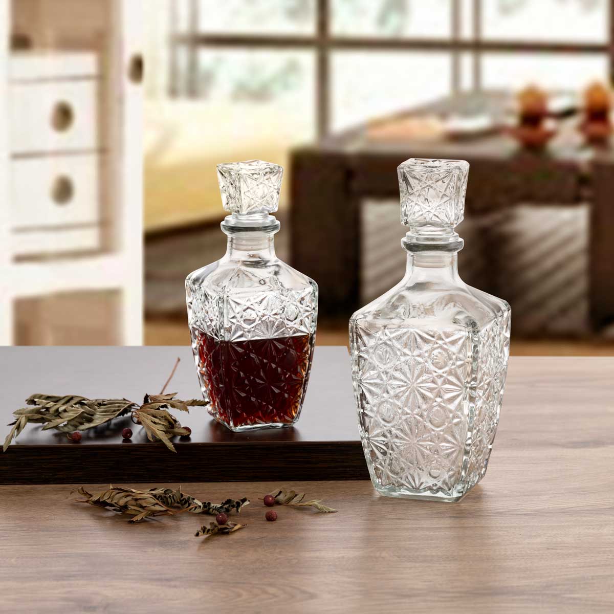 Garrafa de licor retangular em vidro