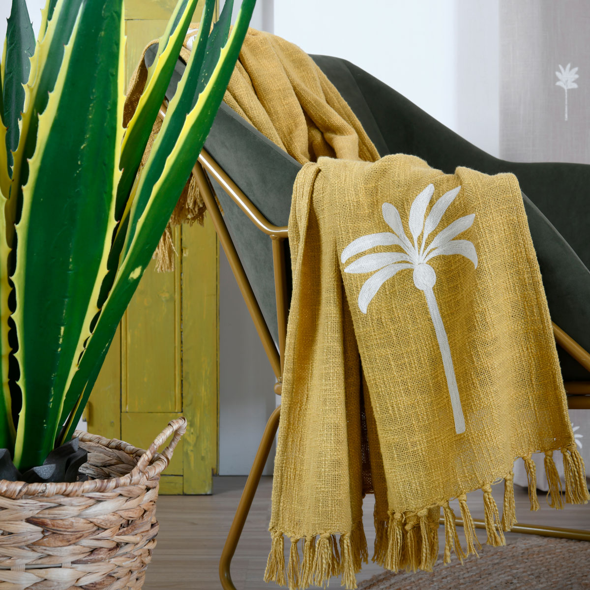 Manta CASABLANCA amarela com franjas 125x150cm