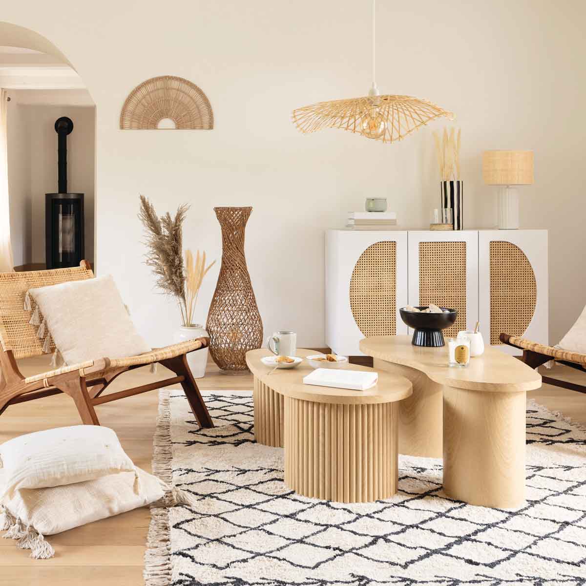 Candeeiro de pé ELOISE bege em rattan 100cm,  Candeeiro de pé ELOISE bege em rattan 100cm