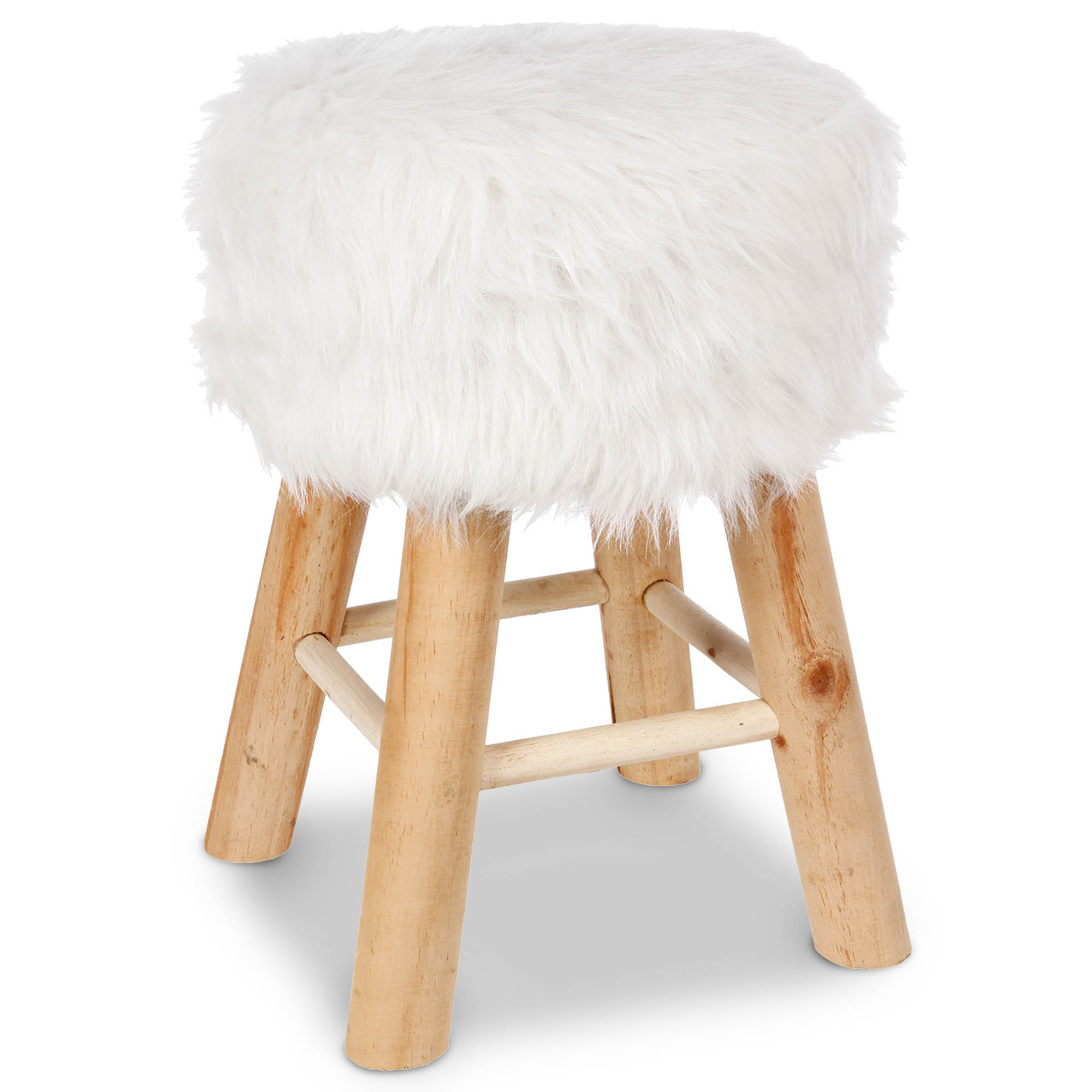 Tamborete com pelo branco e pernas em madeira,  Tamborete com pelo branco e pernas em madeira