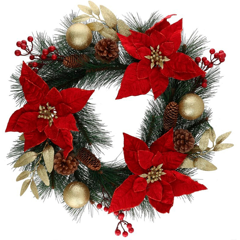 Coroa com poinsettias e bagas 55cm