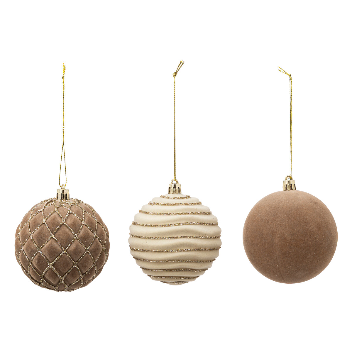 Bola veludo ondas bege e dourado 8cm,  Bola veludo ondas bege e dourado 8cm