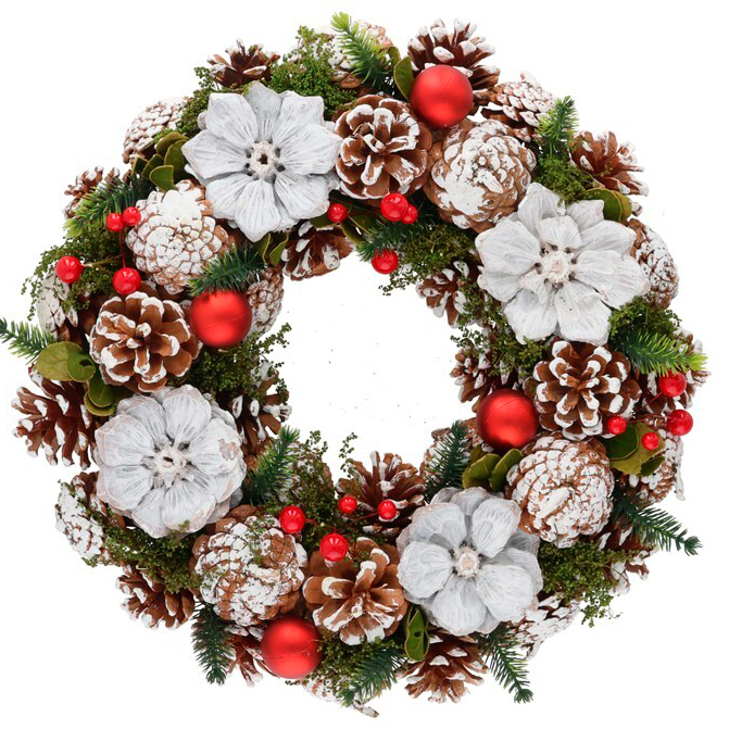 Coroa decorativa com pinhas/neve 33x33cm