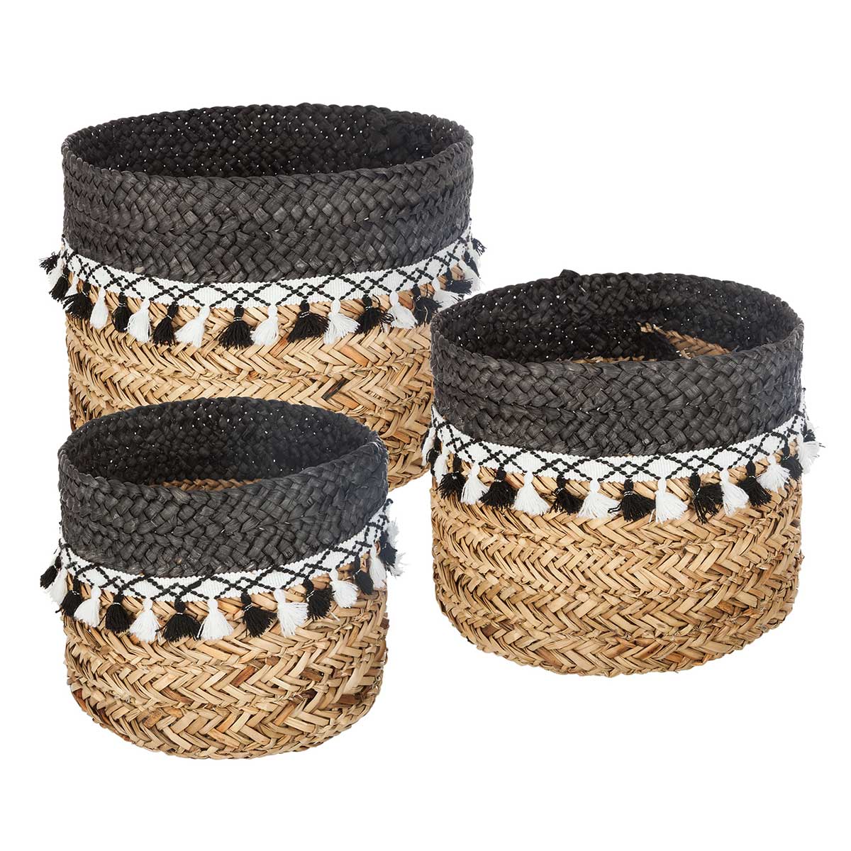Cesto decorativo seagrass com pompons 34cm