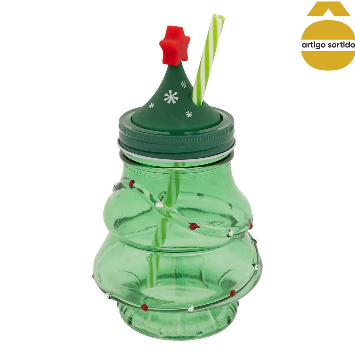 Copo com palhinha &aacute;rvore de natal 13,5cm