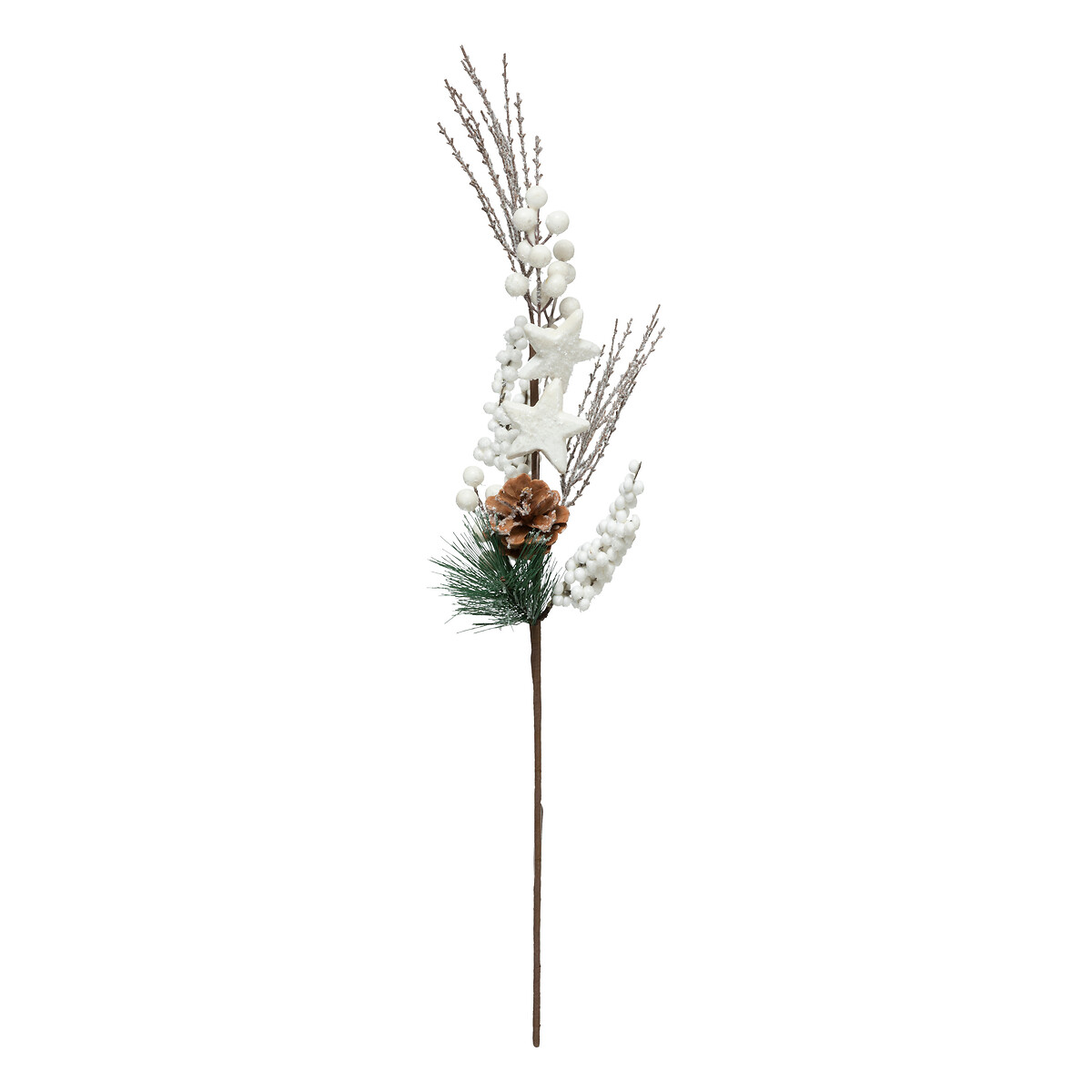 Haste decorativa branca com estrela e bagas 75cm