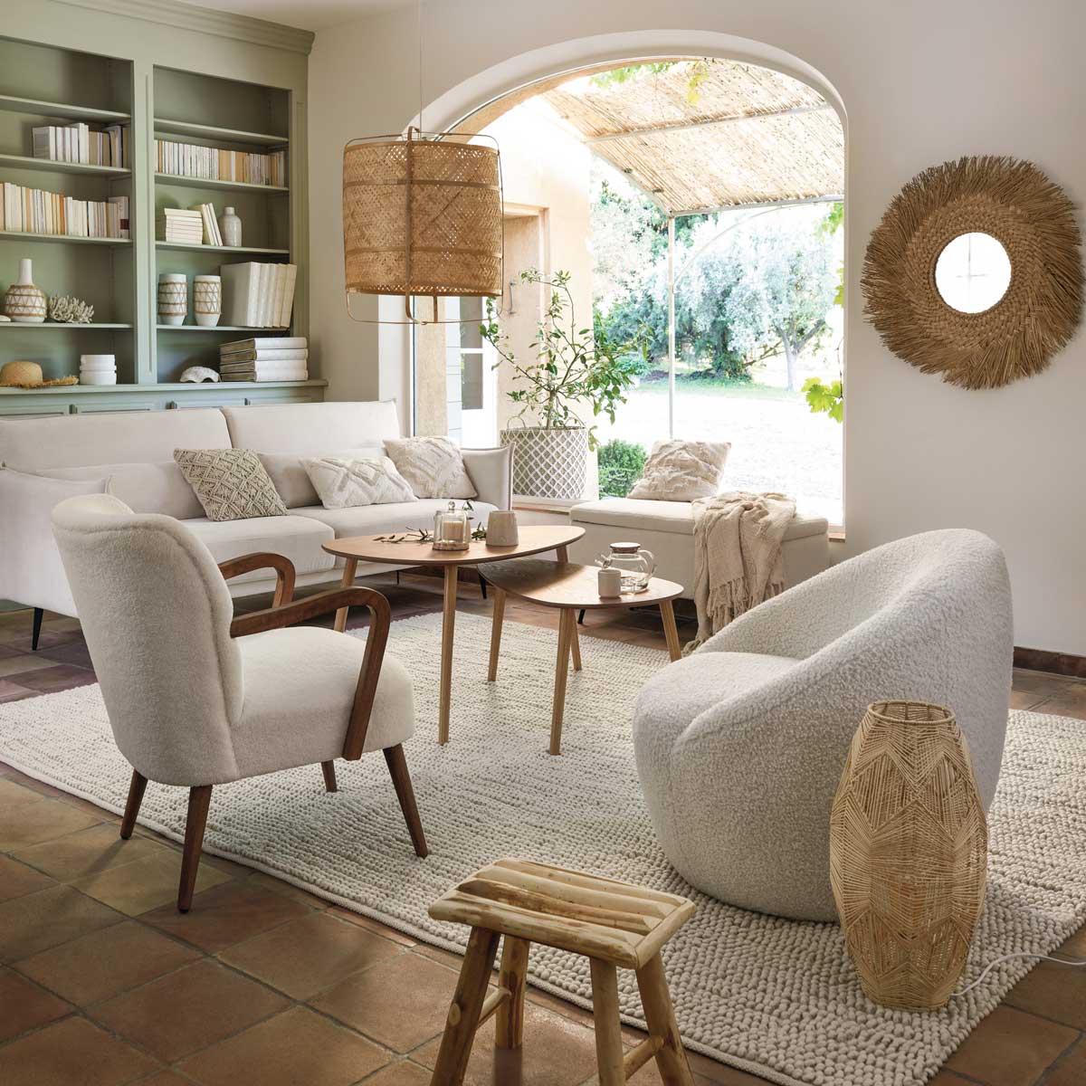 Espelho de parede redondo ael bege em ráfia 80cm,  Espelho de parede redondo ael bege em ráfia 80cm