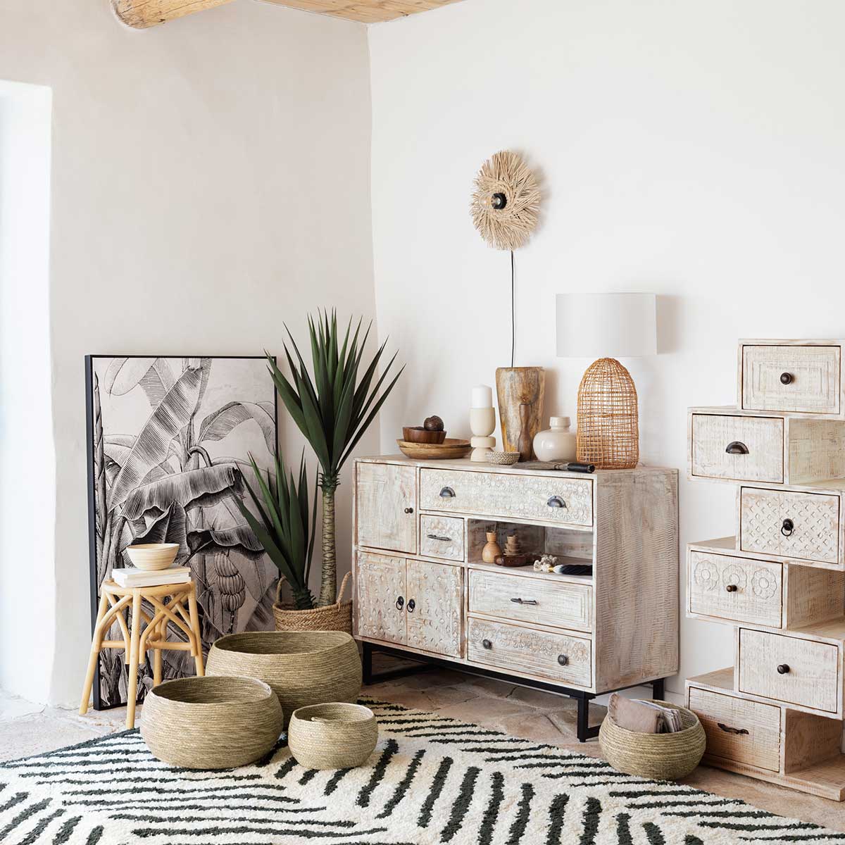 Candeeiro de mesa KARLA em rattan bege e branco