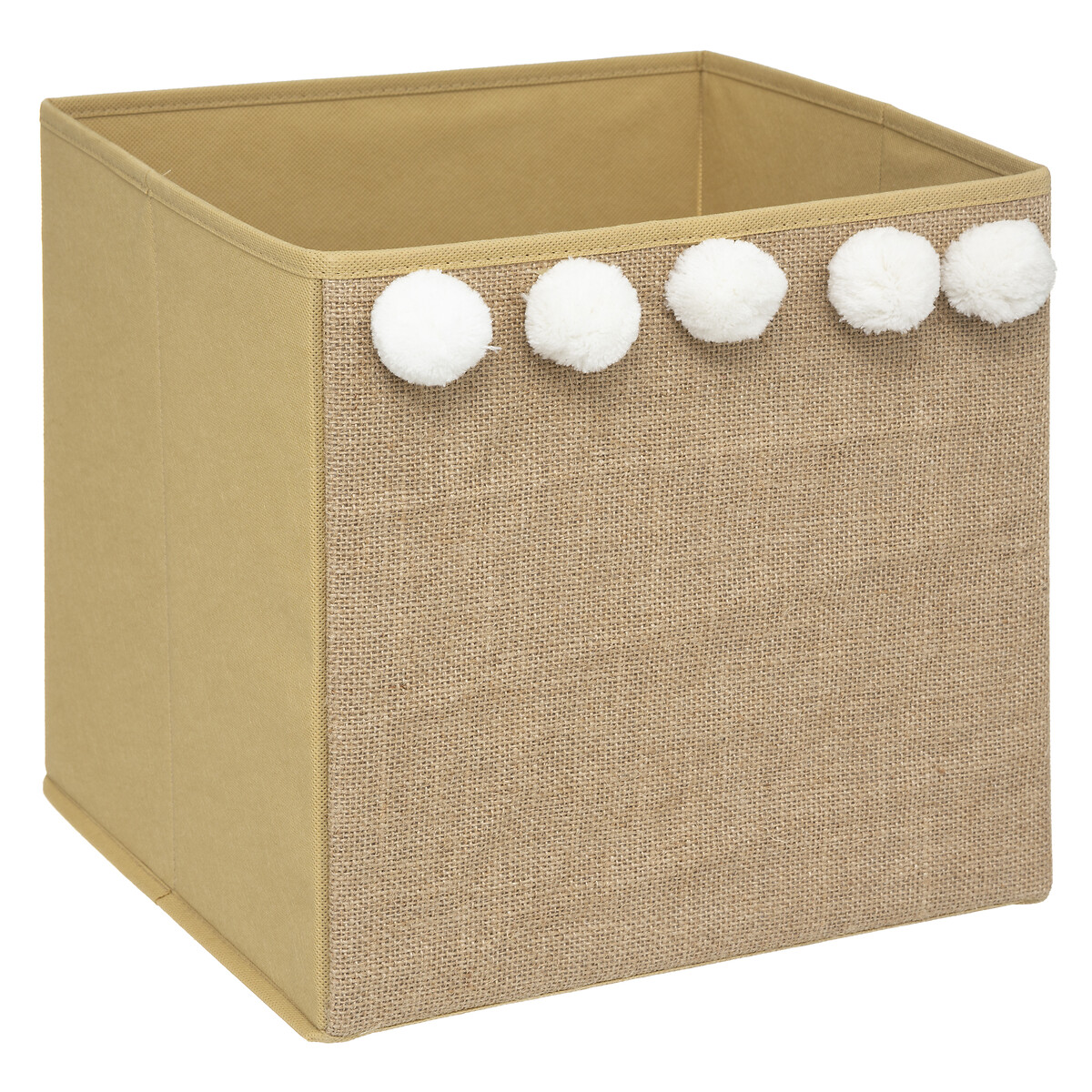 Cubo de arruma&ccedil;&atilde;o castanho com pompons brancos 29cm