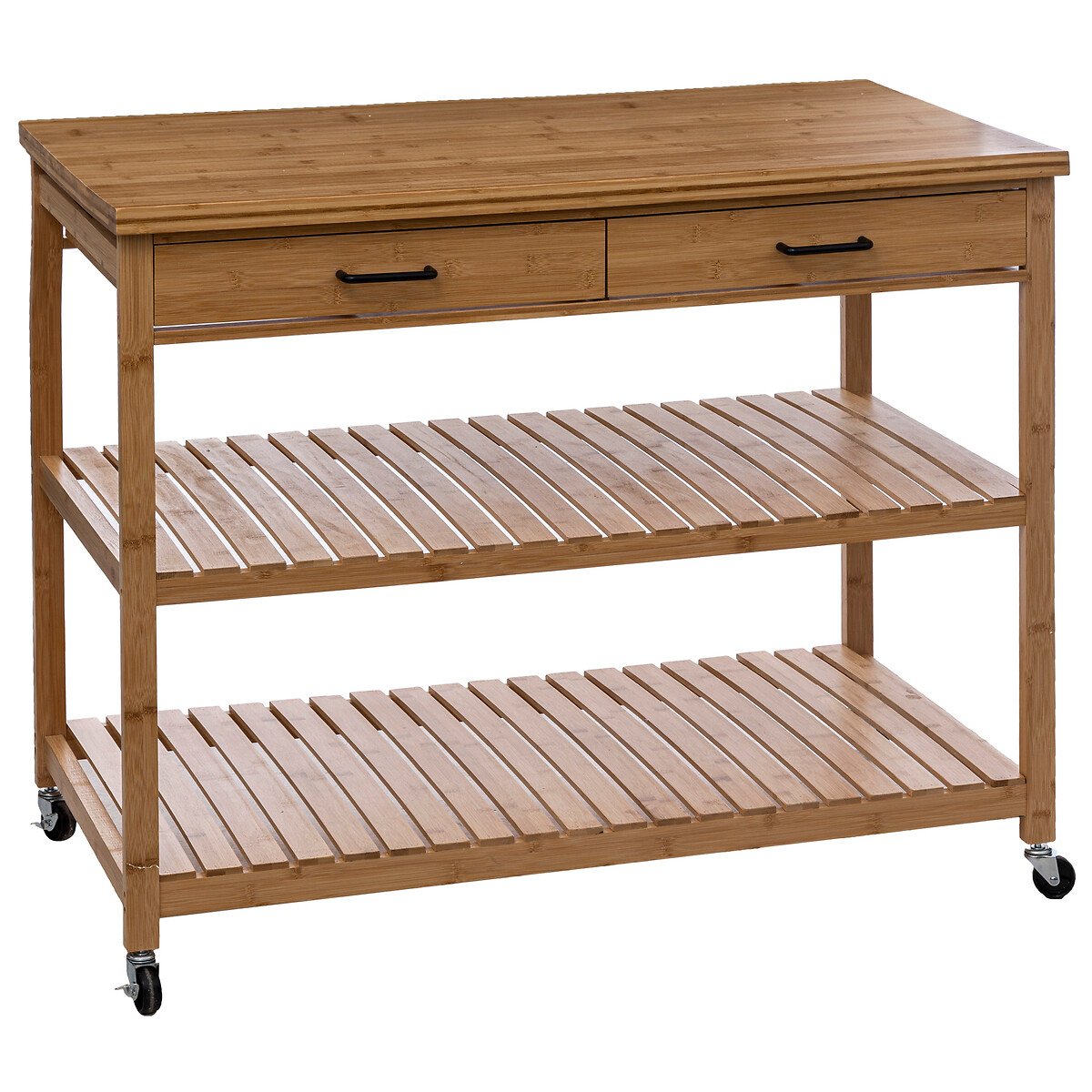 Móvel de apoio com 2 prateleiras e 2 gavetas em bambu,  Móvel de apoio com 2 prateleiras e 2 gavetas em bambu