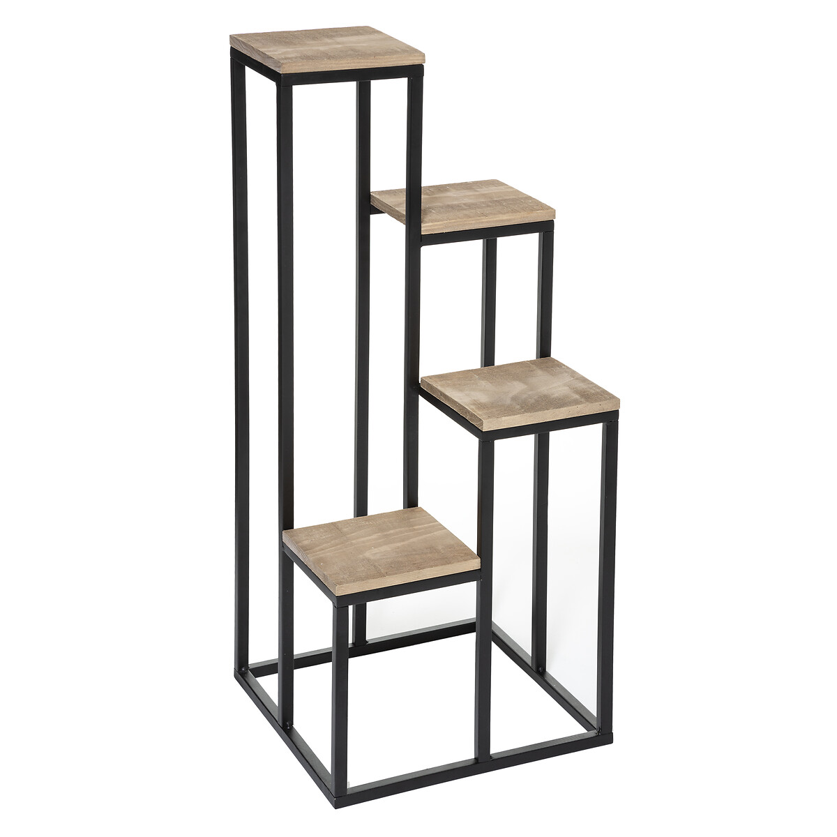 Suporte para 4 plantas preto e bege em metal e madeira,  Suporte para 4 plantas preto e bege em metal e madeira