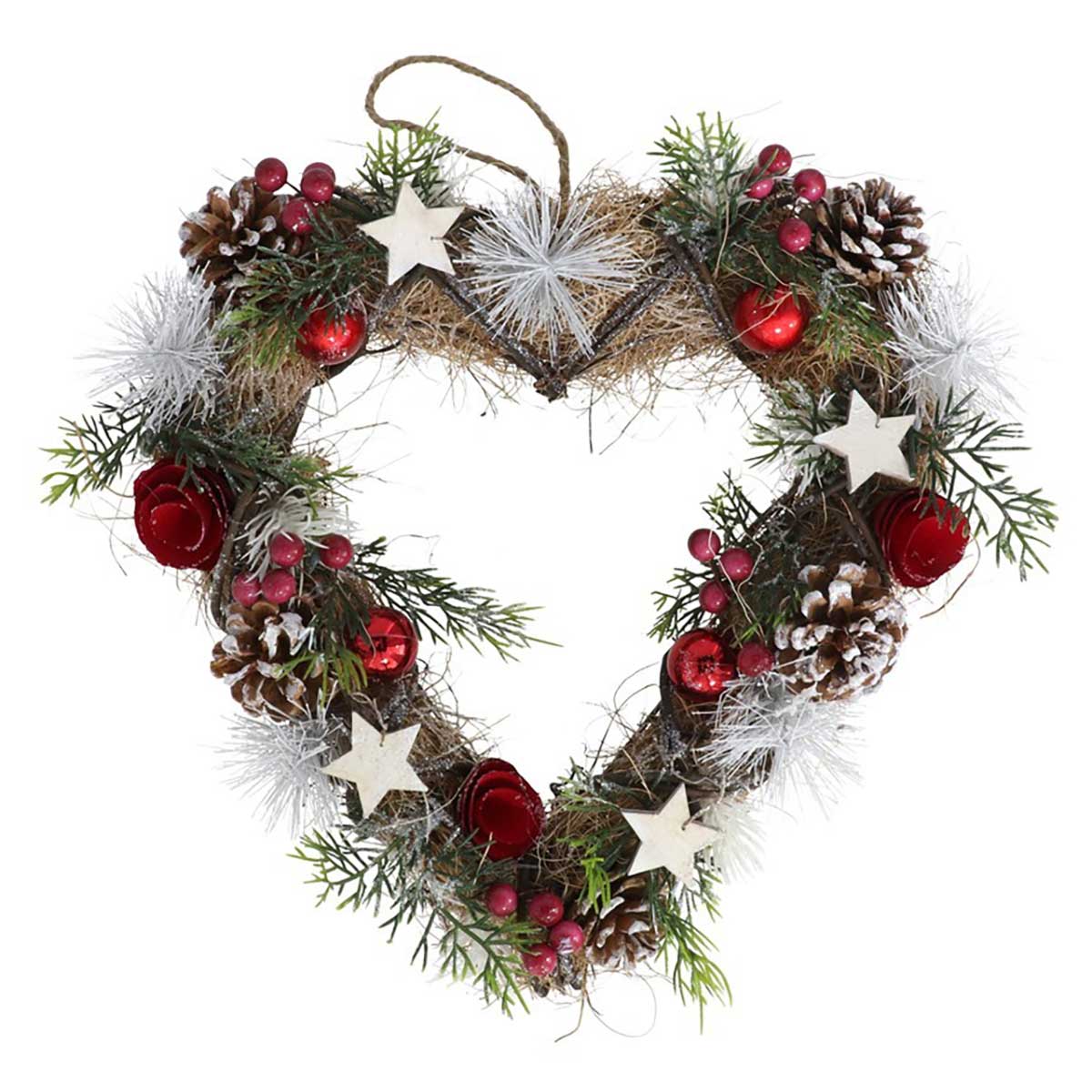 Coroa rudolf forma de cora&ccedil;&atilde;o com pinhas e bolas 36cm