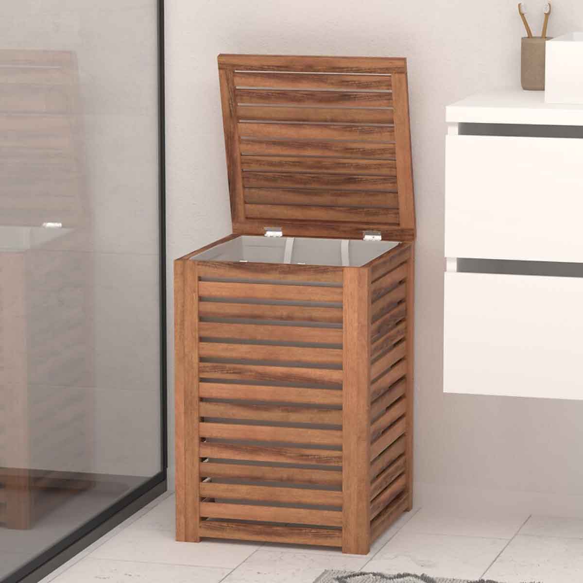 Cesto de roupa wc em madeira ac&aacute;cia 65l