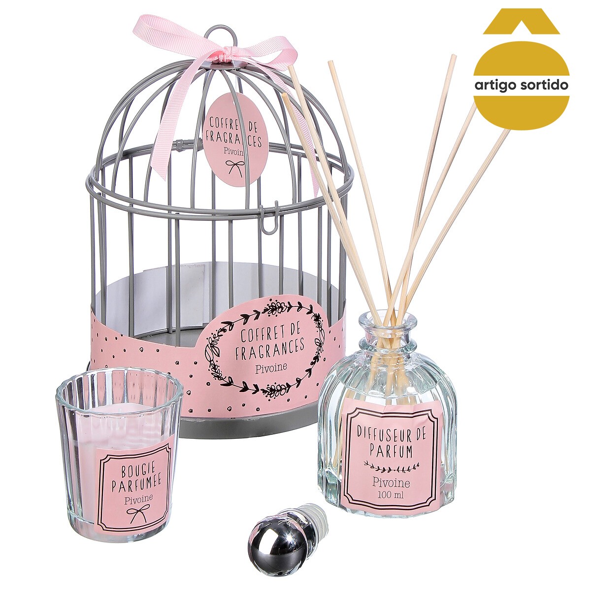 Coffret em gaiola com vela e difusor