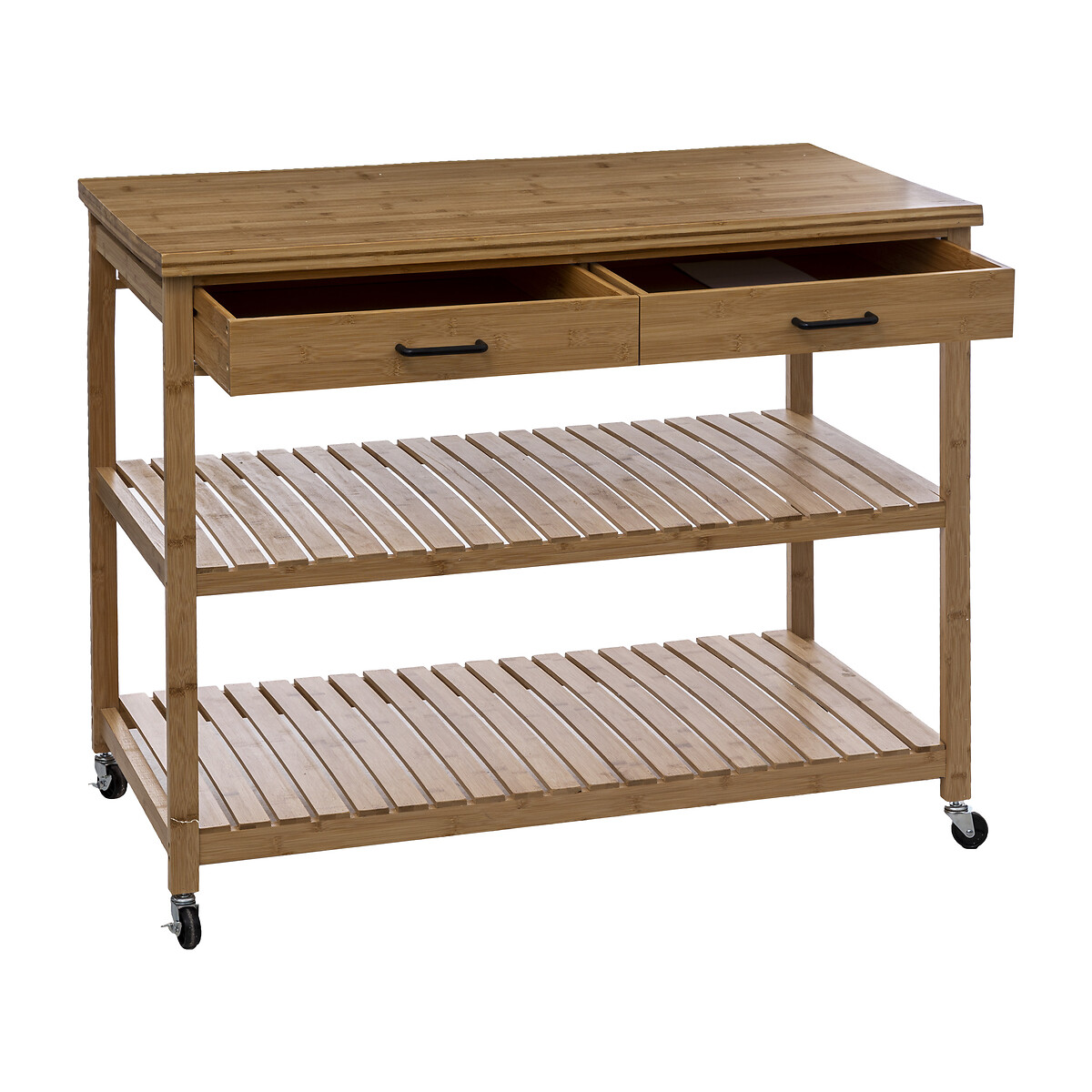 Móvel de apoio com 2 prateleiras e 2 gavetas em bambu,  Móvel de apoio com 2 prateleiras e 2 gavetas em bambu