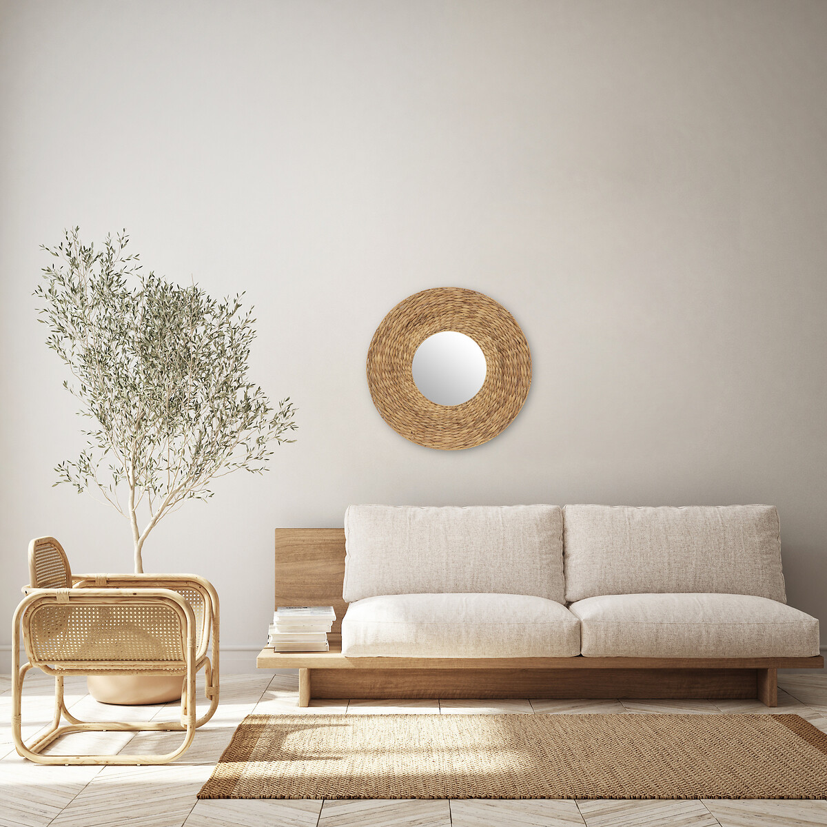 Espelho de parede em r&aacute;fia bege LORENA