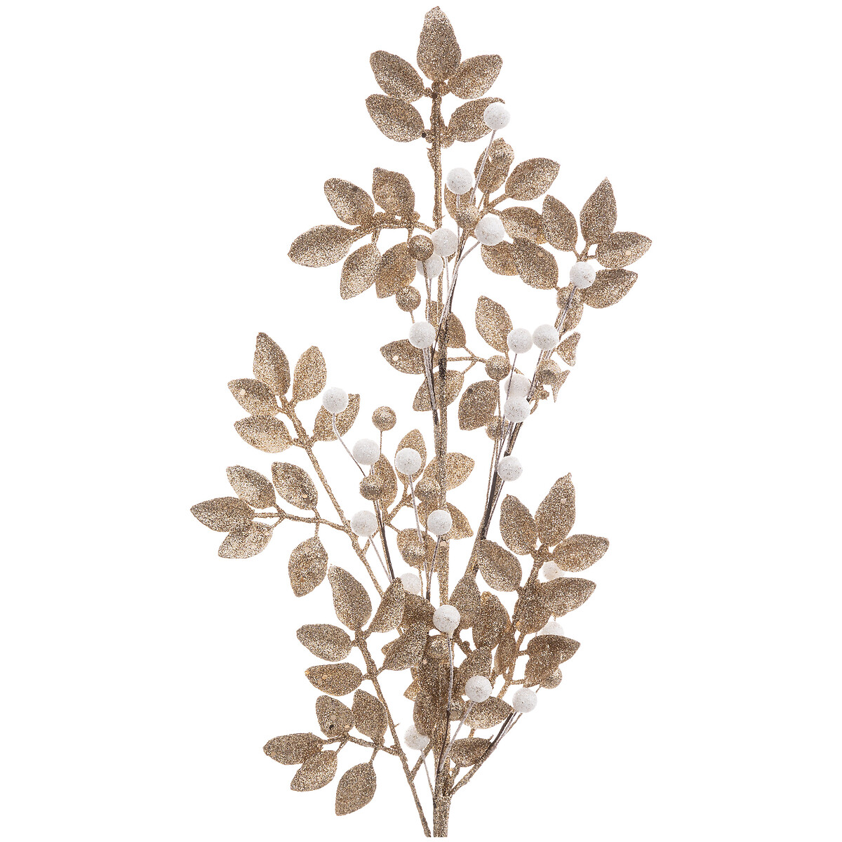 Haste decorativa com folhas douradas e bagas brancas 75cm