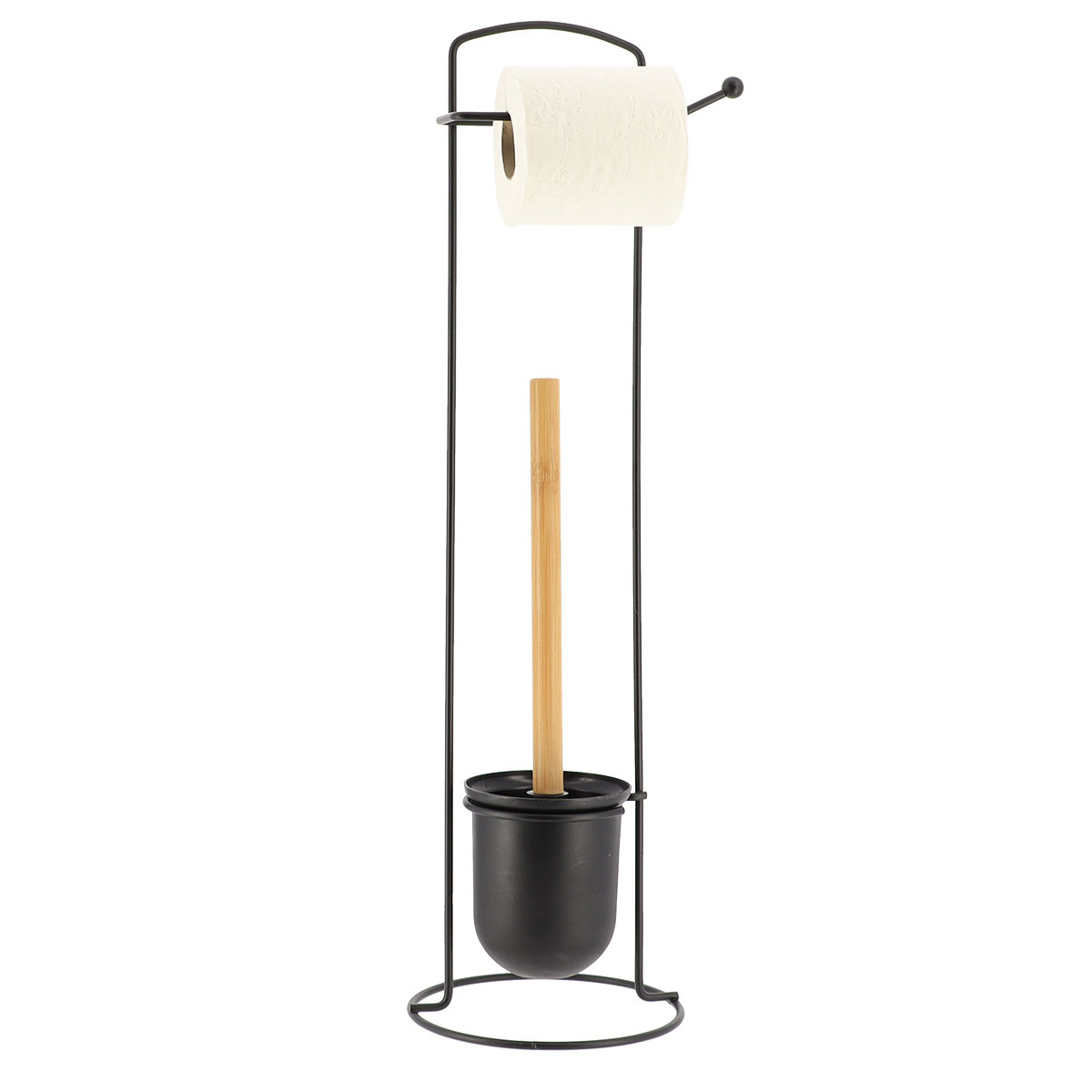 Suporte wc preto com escova e porta rolos em metal e bambu
