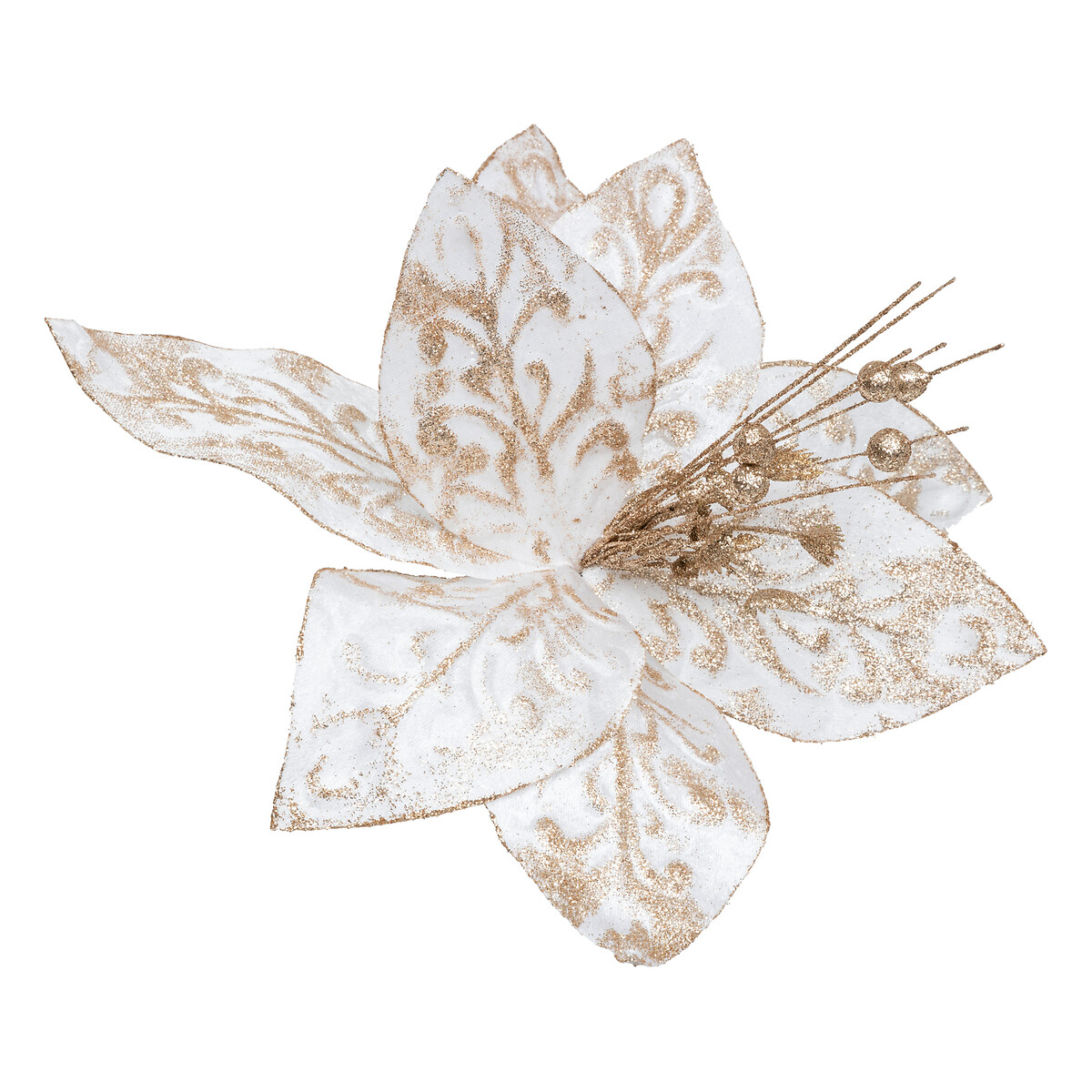 Flor poinsettia maxi com mola branca e dourada 40x15cm