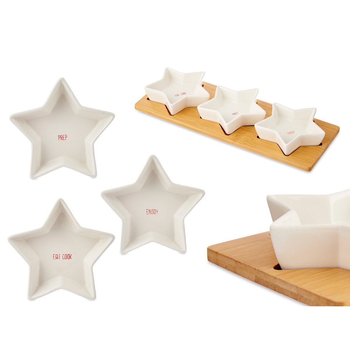 Conjunto de 3 ta&ccedil;as formato estrela com suporte em madeira