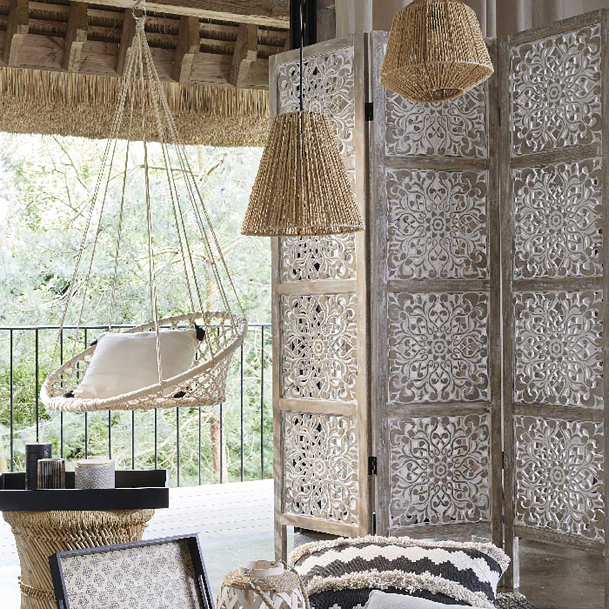 Biombo ETNIK branco com 3 painéis em madeira 169cm