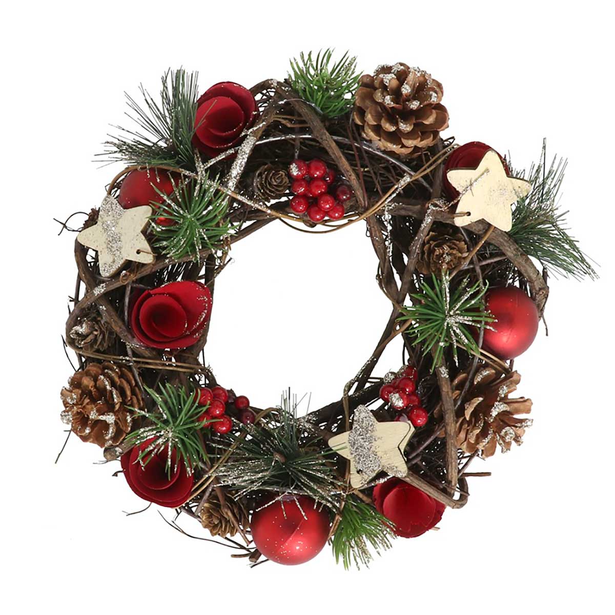 Coroa decorativa com ramos e bolas vermelhas 35cm