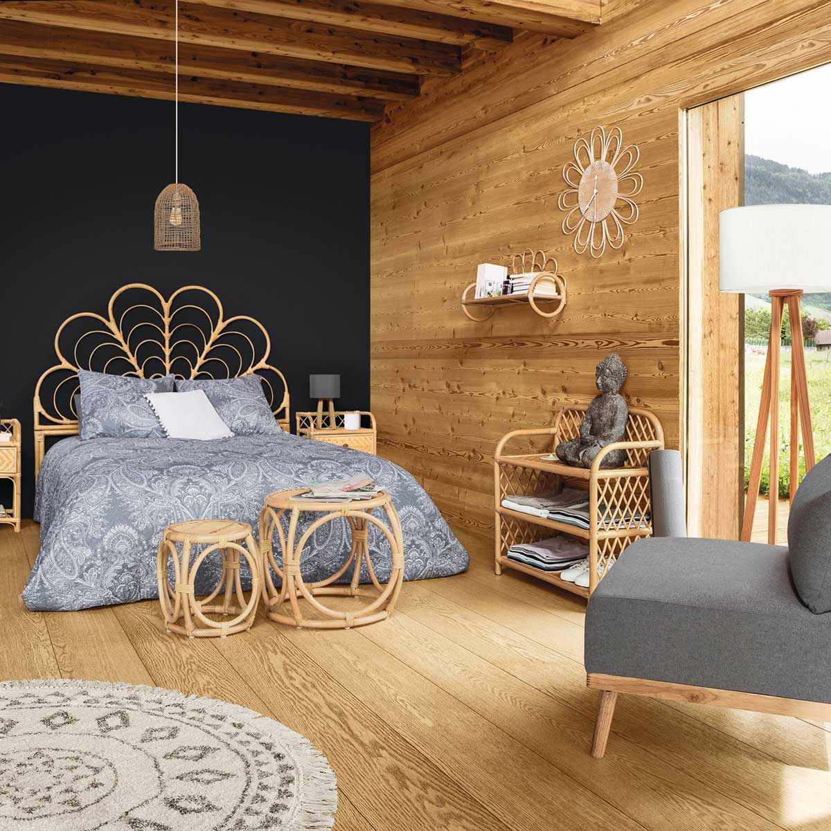 Candeeiro de mesa MOLU cinza com base em madeira pinho