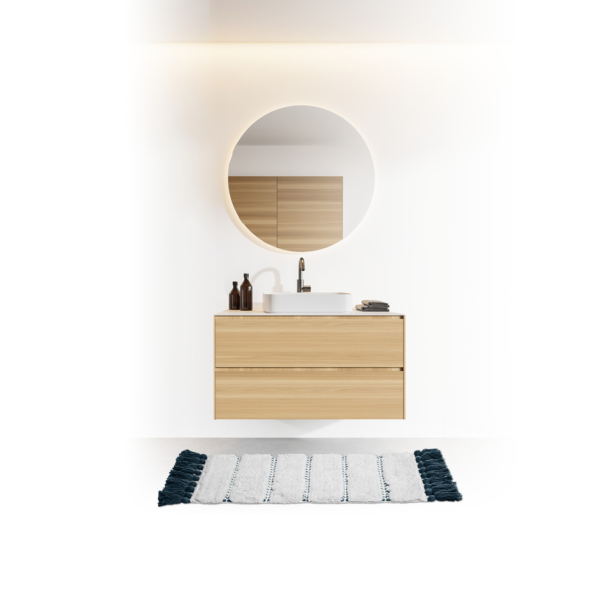 Tapete wc SOLAR azul petróleo com pompons 50x75cm