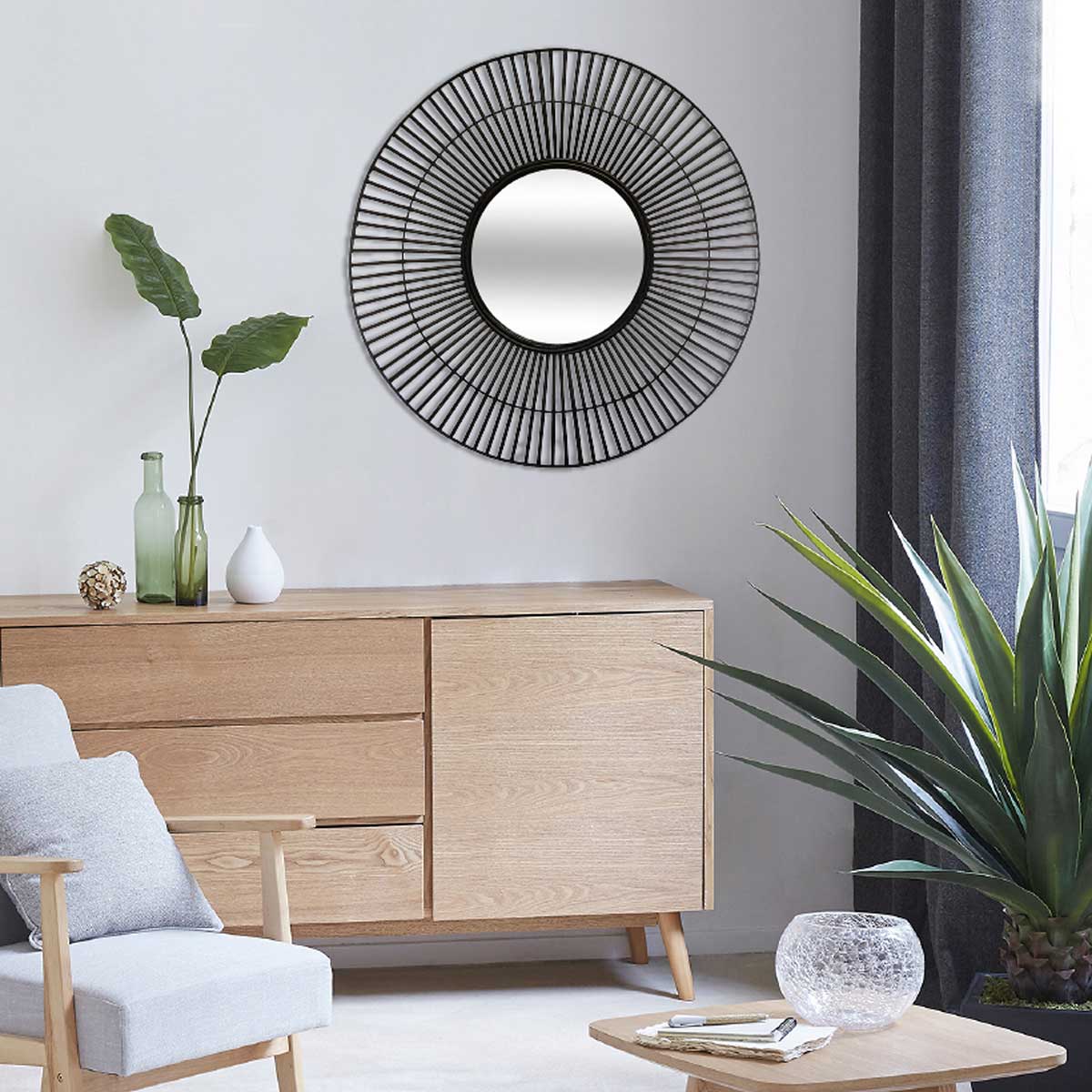 Espelho de parede preto em bambu 77cm