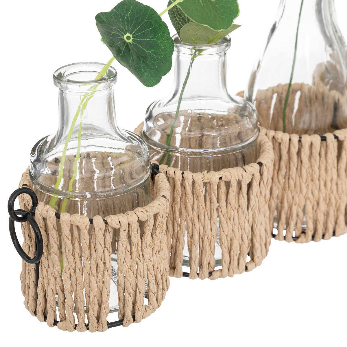 Conjunto de 5 jarras de vidro com plantas artificiais
