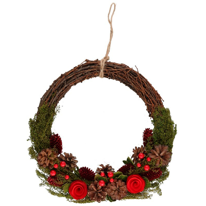 Coroa decorativa com pinhas e rosas