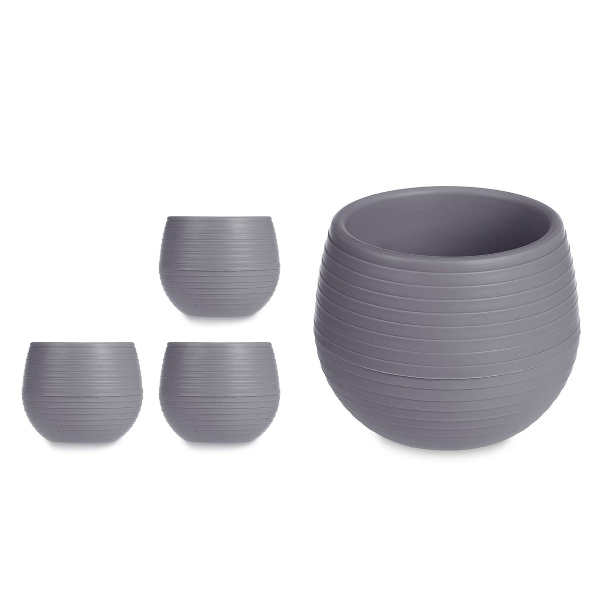 Conjunto de 3 vasos cinza com reserva de &aacute;gua 7cm
