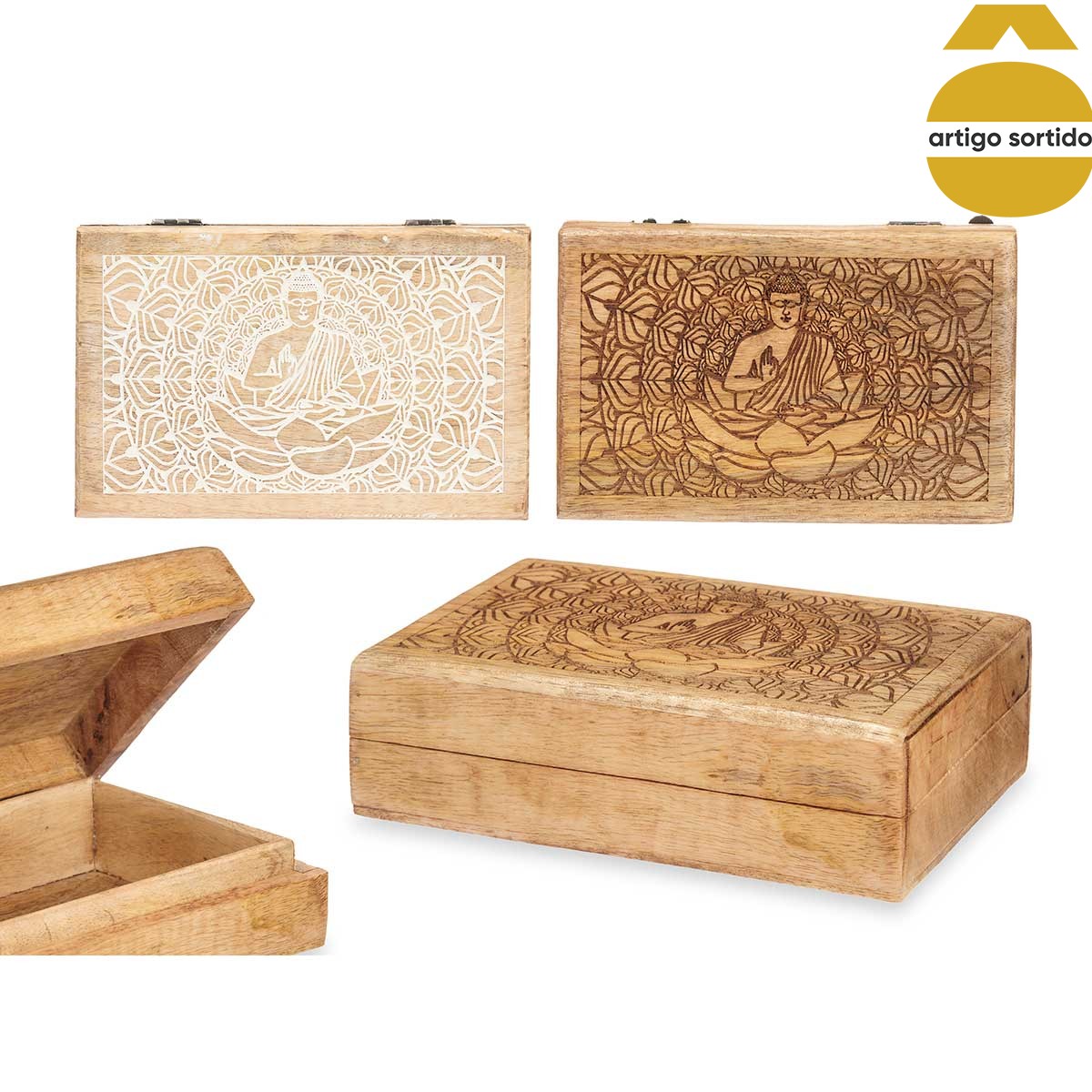 Caixa em madeira mango com decoração buda 21,5cm