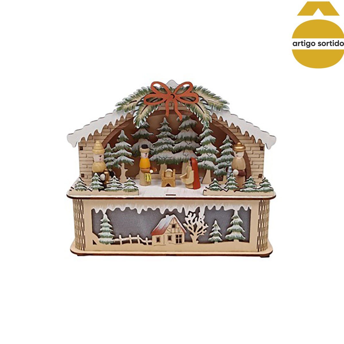 Casa De Madeira Com Pres&eacute;pio Com LED 18x22cm