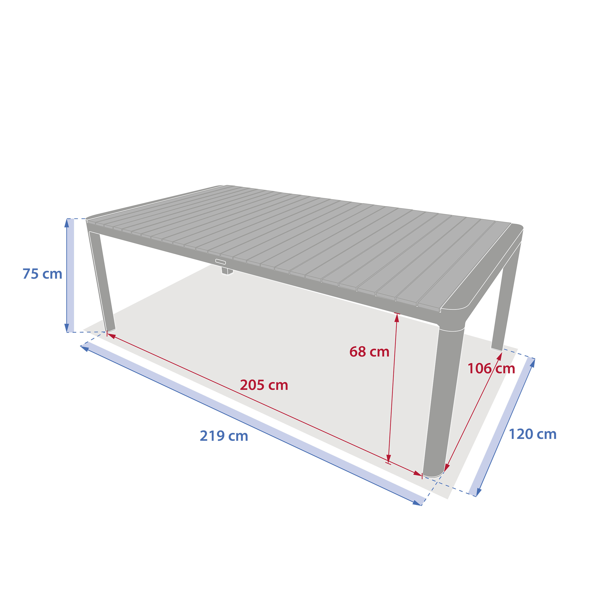 Mesa fixa PARADISE em madeira ac&aacute;cia e alum&iacute;nio
