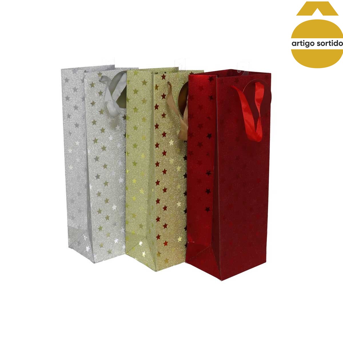 Saco de oferta para garrafa decorado com estrelas 36cm